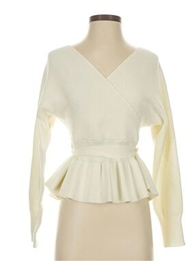 Cream Wrap V-Neck Peplum Sweater Elegant Dressy Sweater Nighttime Fall Winter